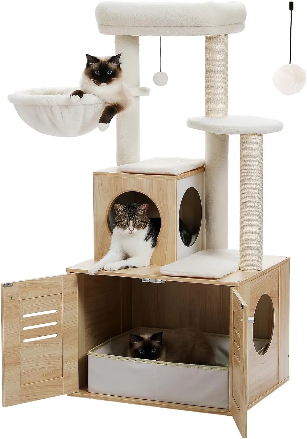 Solid Wood Cat Tree Condo, Litter Box Included