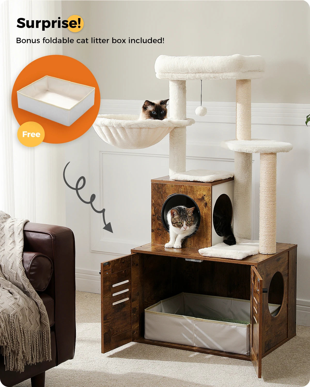 Solid Wood Cat Tree Condo, Litter Box Included