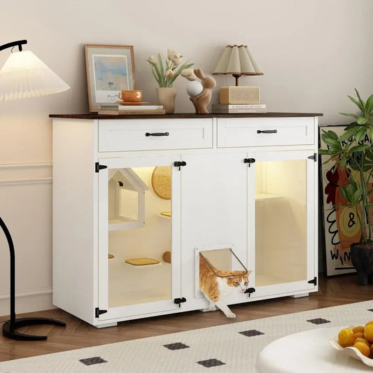 Cat Condo with Drawers, LED Light, Scratch Posts and Smart Door