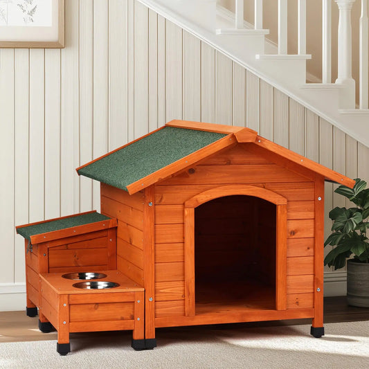 Wooden Dog House for Indoor & Outdoor Use - Includes Food Bowl & Storage Bucket