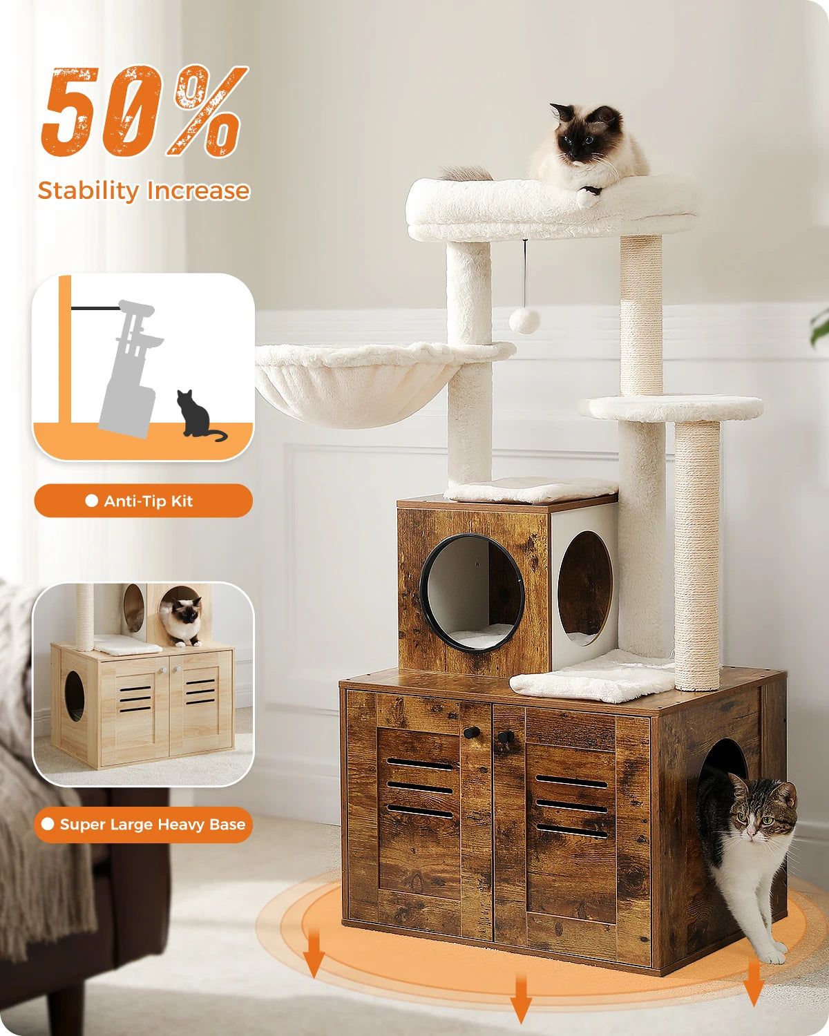 Solid Wood Cat Tree Condo, Litter Box Included