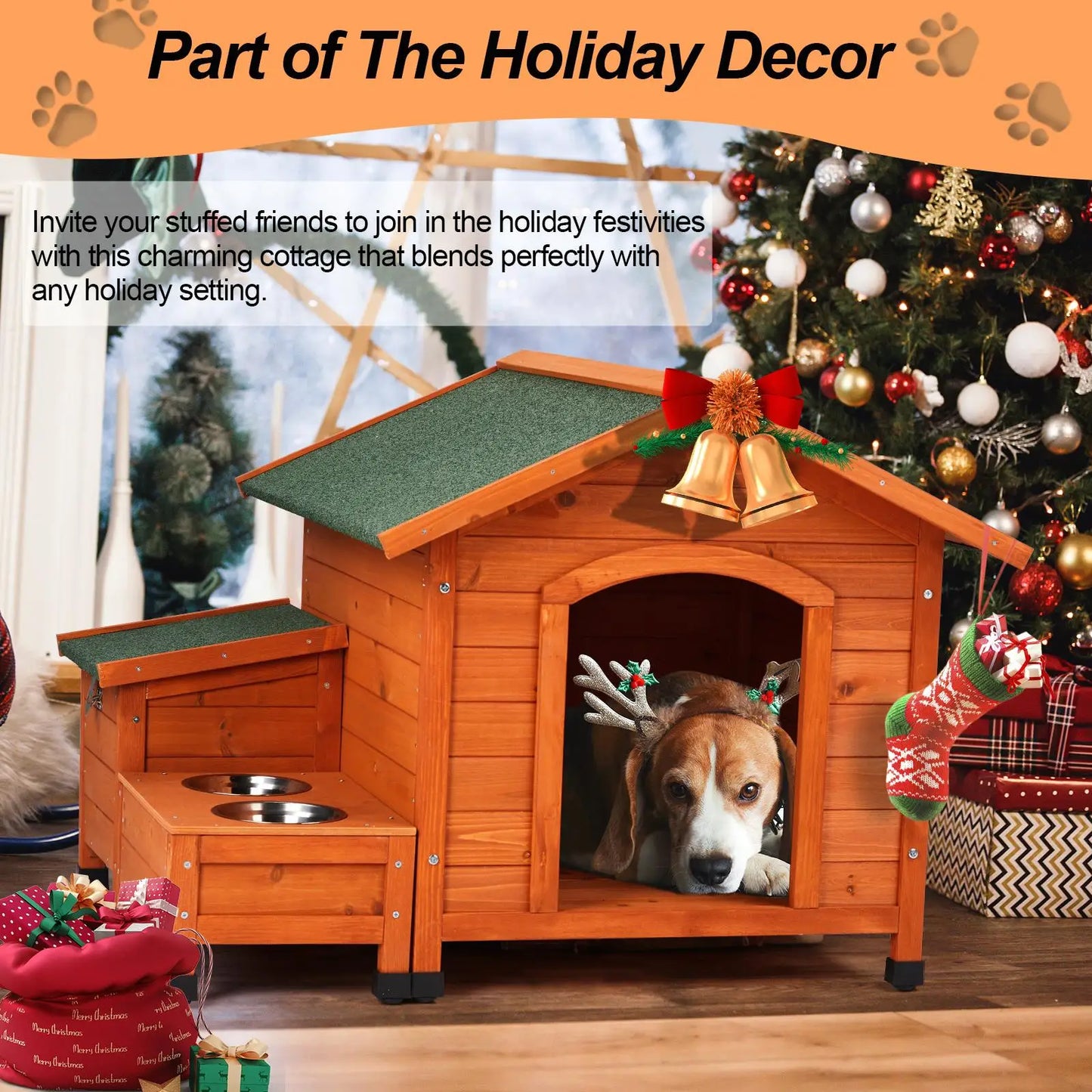 Wooden Dog House for Indoor & Outdoor Use - Includes Food Bowl & Storage Bucket