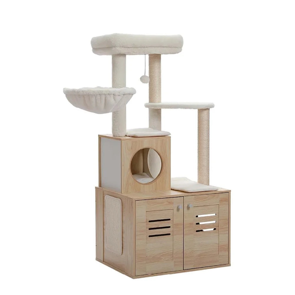 Solid Wood Cat Tree Condo, Litter Box Included