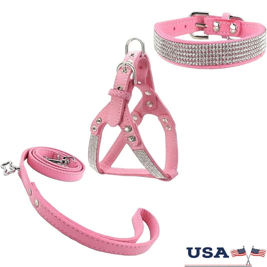 Stylish Diamante Dog Collar and Harness Set with Leash