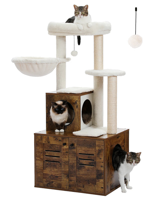 Solid Wood Cat Tree Condo, Litter Box Included