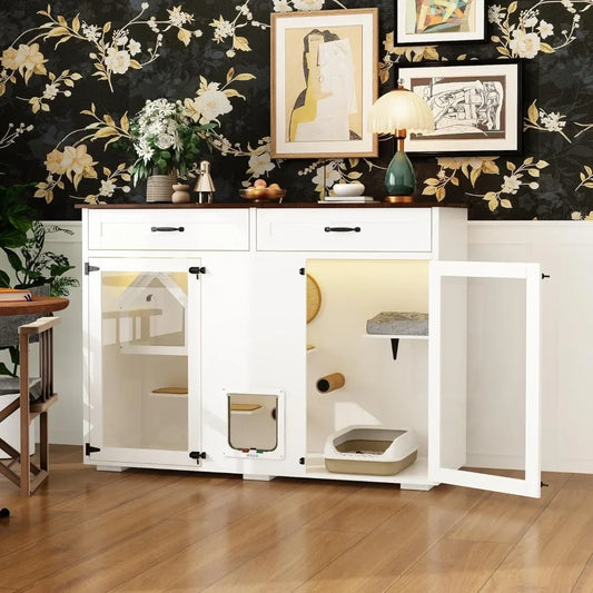 Cat Condo with Drawers, LED Light, Scratch Posts and Smart Door