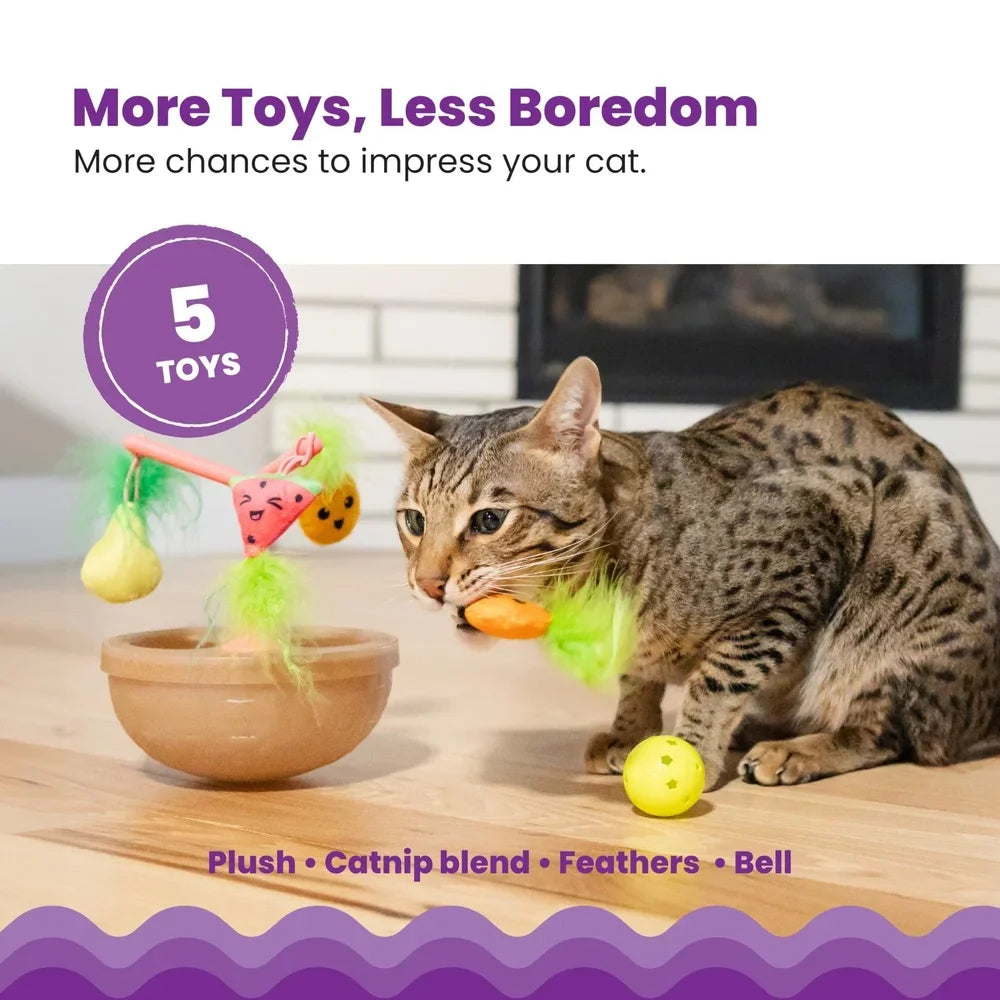 Wobbling Cat Toy Fruit Bowl with Interactive Catnip Toys
