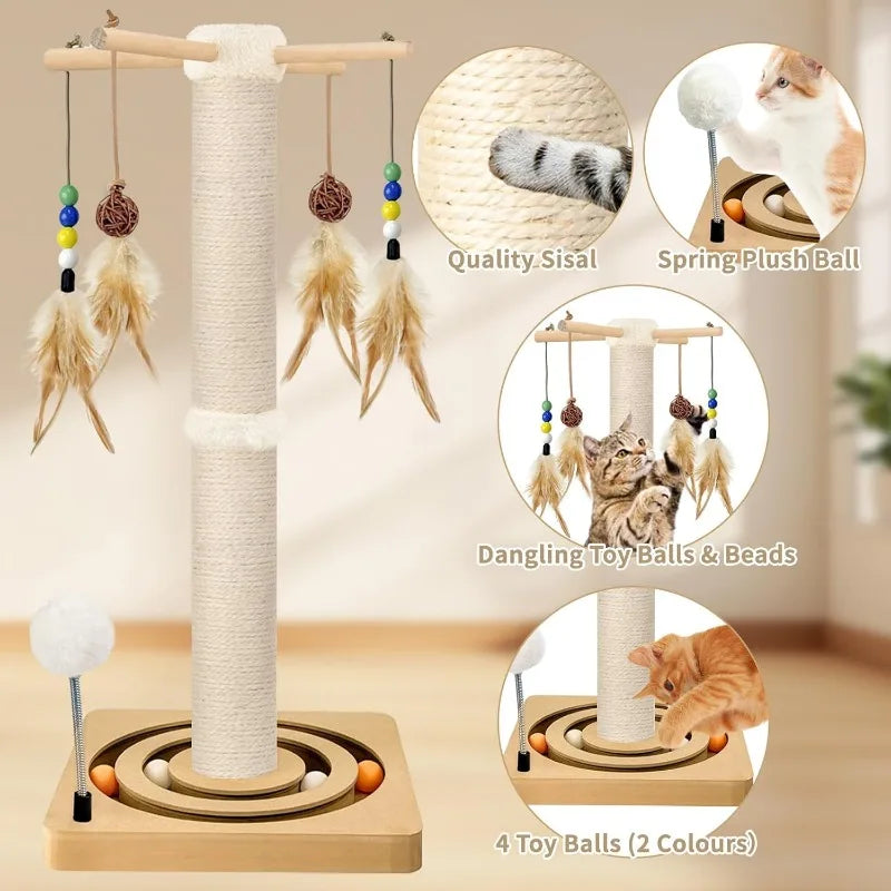 Interactive Furniture Toys for Indoor Cats Adults, 2 Mounting Methods Scratcher Tree Tower with Hanging and Ball Track