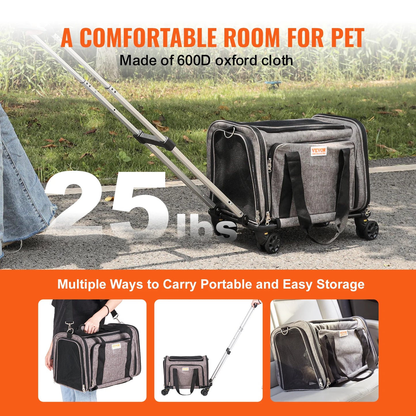 Pet Carrier Backpack with Telescopic Handle, Wheels and Shoulder Strap
