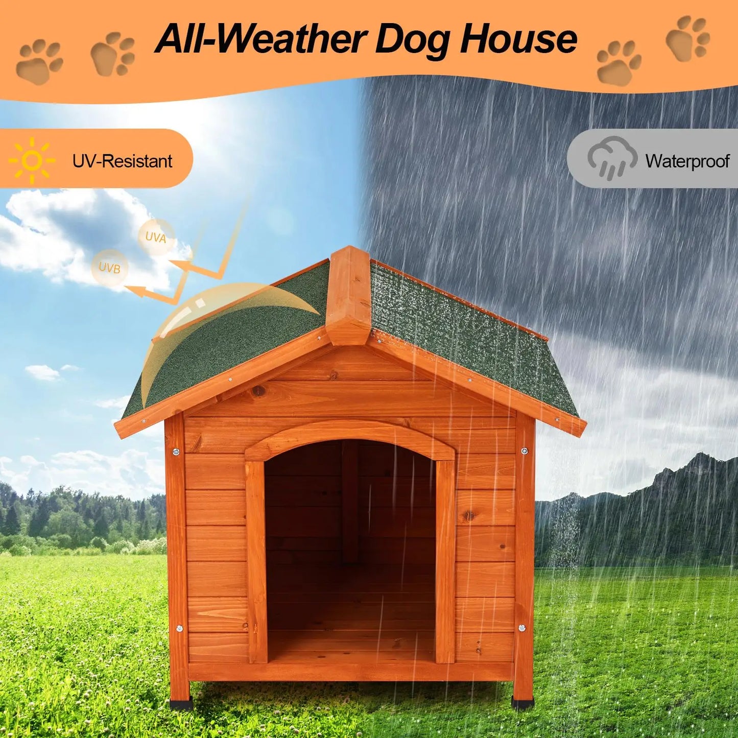 Wooden Dog House for Indoor & Outdoor Use - Includes Food Bowl & Storage Bucket