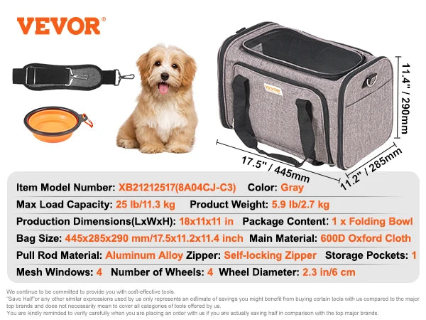 Pet Carrier Backpack with Telescopic Handle, Wheels and Shoulder Strap