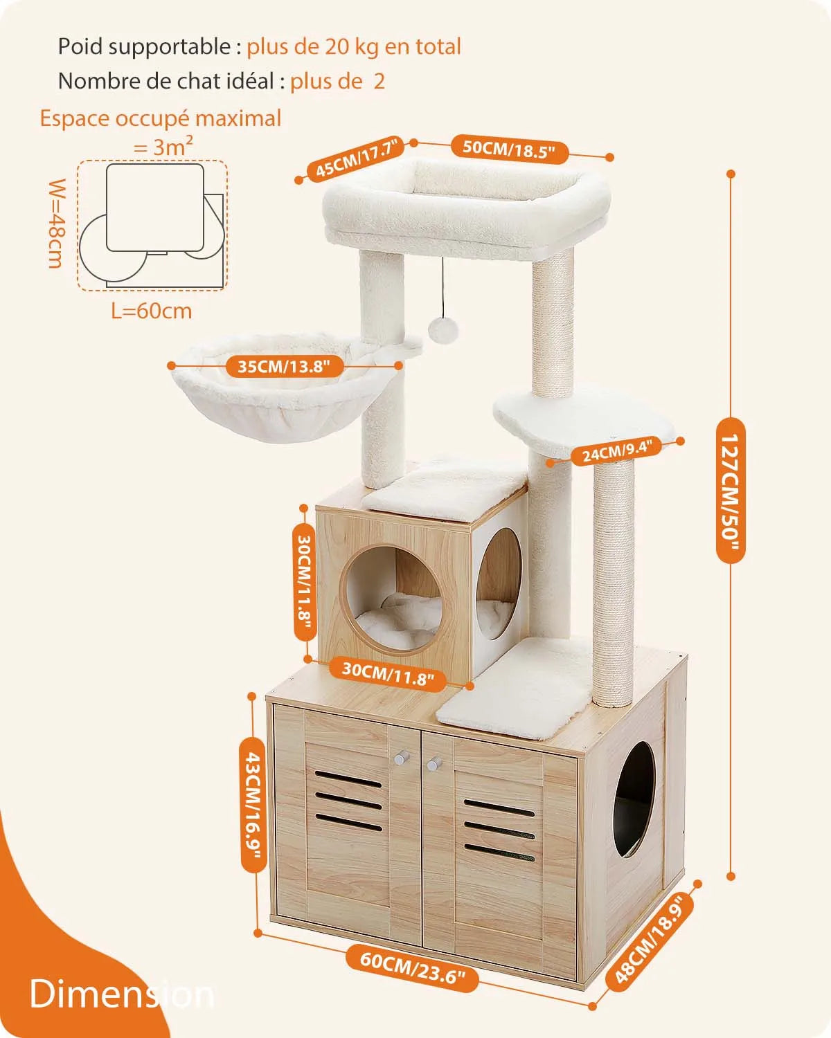 Solid Wood Cat Tree Condo, Litter Box Included
