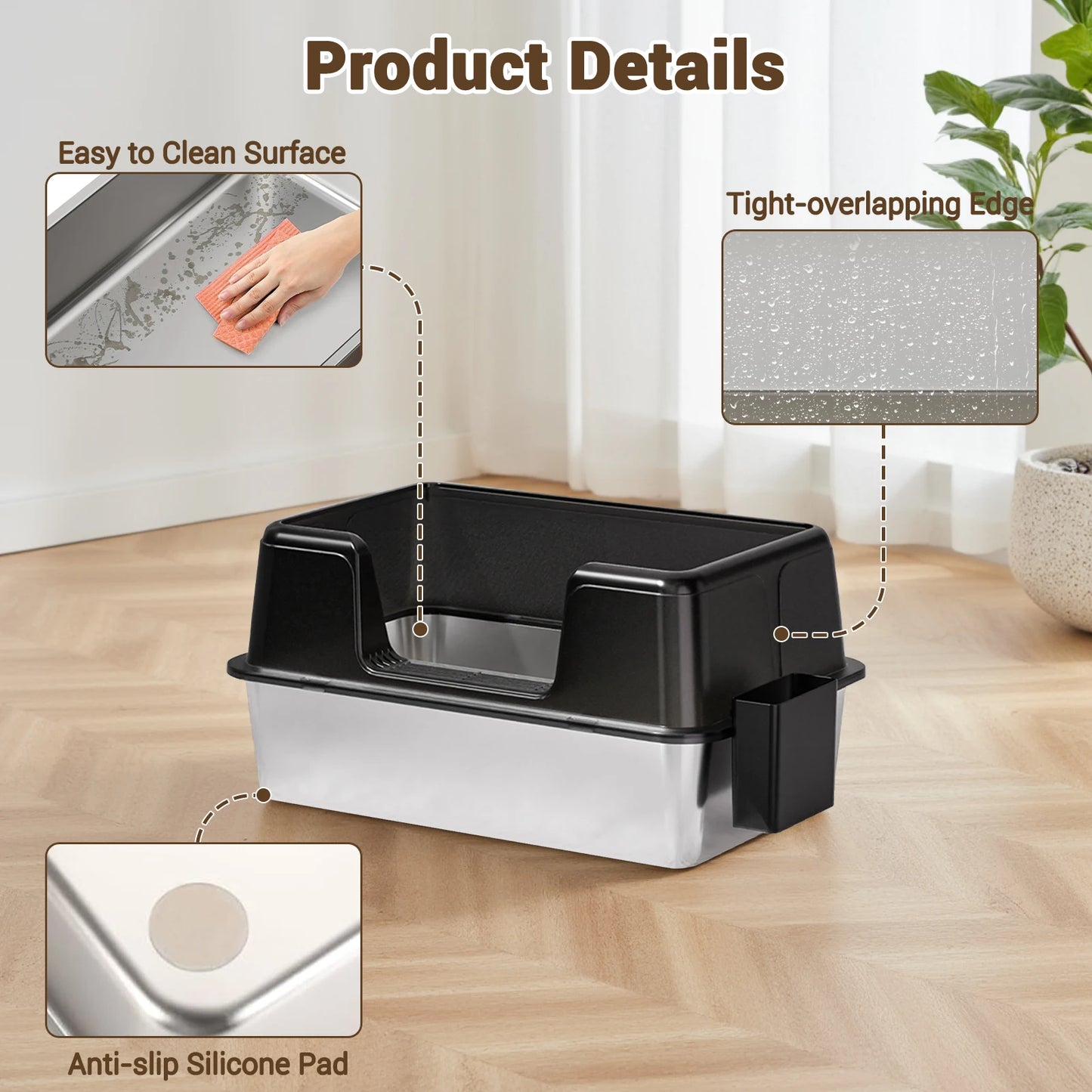 Stainless Steel Cat Litter Box With Litter Mat And Scoop
