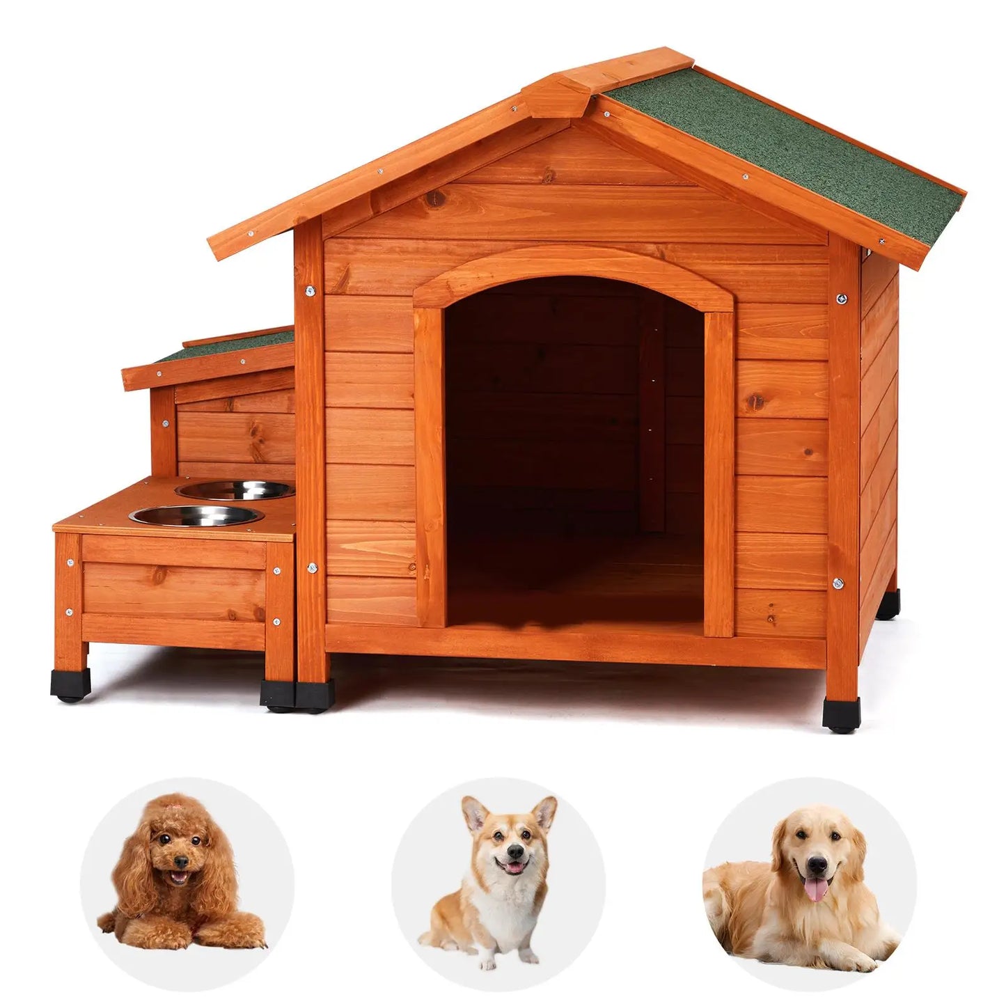 Wooden Dog House for Indoor & Outdoor Use - Includes Food Bowl & Storage Bucket