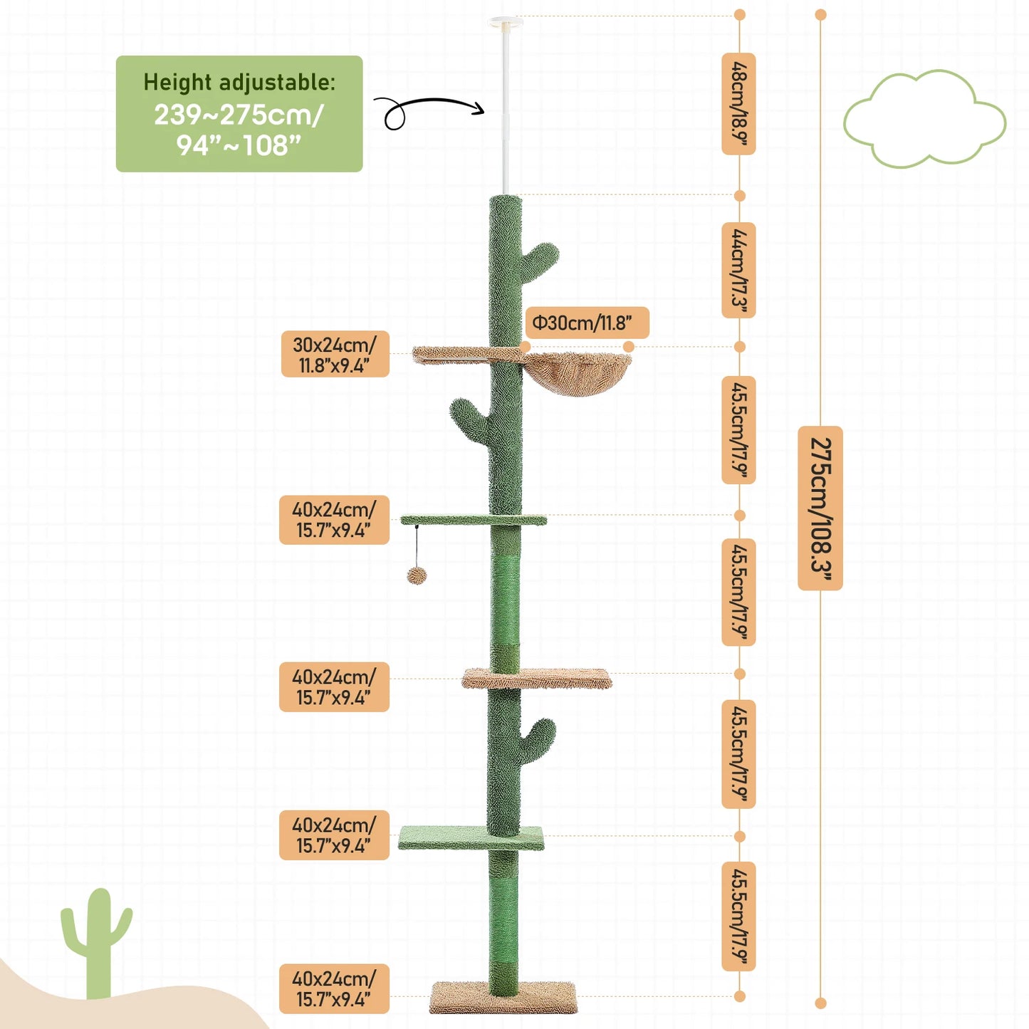 Cactus Cat Tree- Floor to Ceiling, Adjustable Height