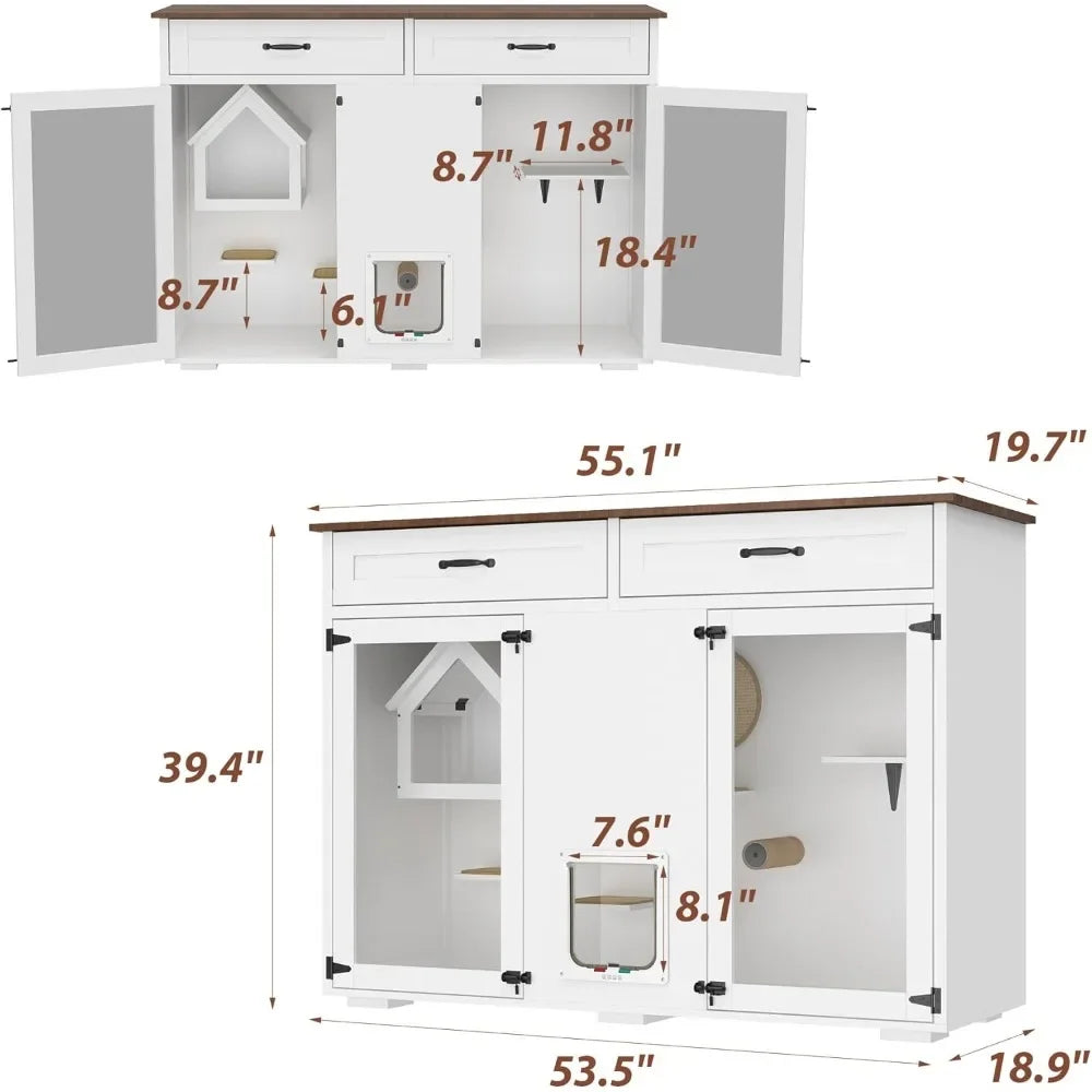 Cat Condo with Drawers, LED Light, Scratch Posts and Smart Door