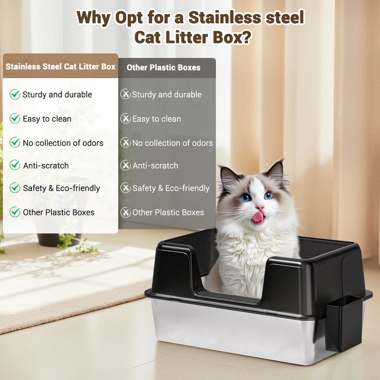 Stainless Steel Cat Litter Box With Litter Mat And Scoop