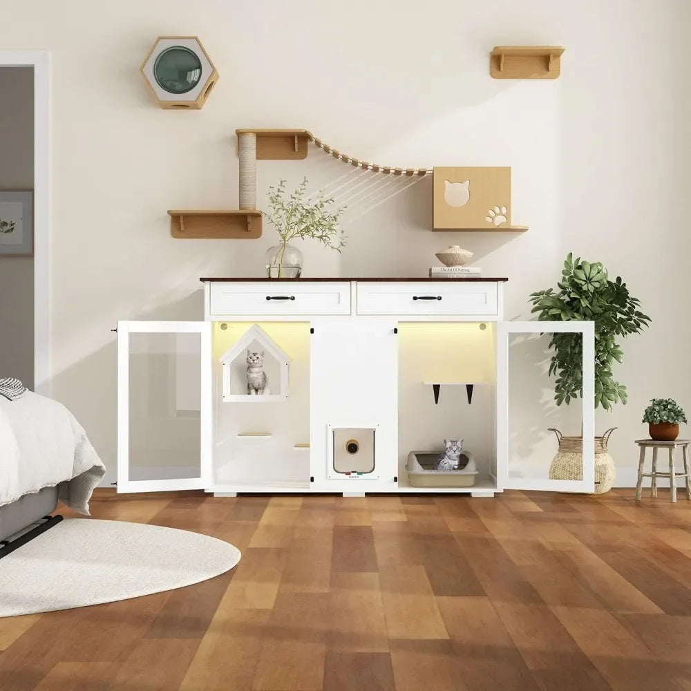 Cat Condo with Drawers, LED Light, Scratch Posts and Smart Door