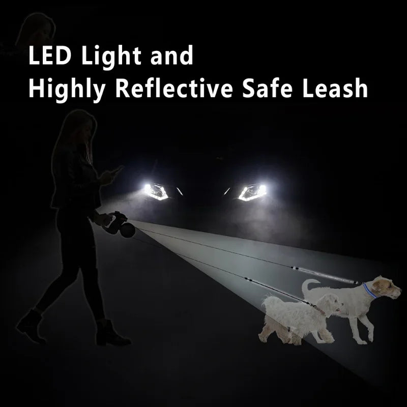 Retractable Dual Dog Leash with LED Light, 360 Swivel-No Tangle
