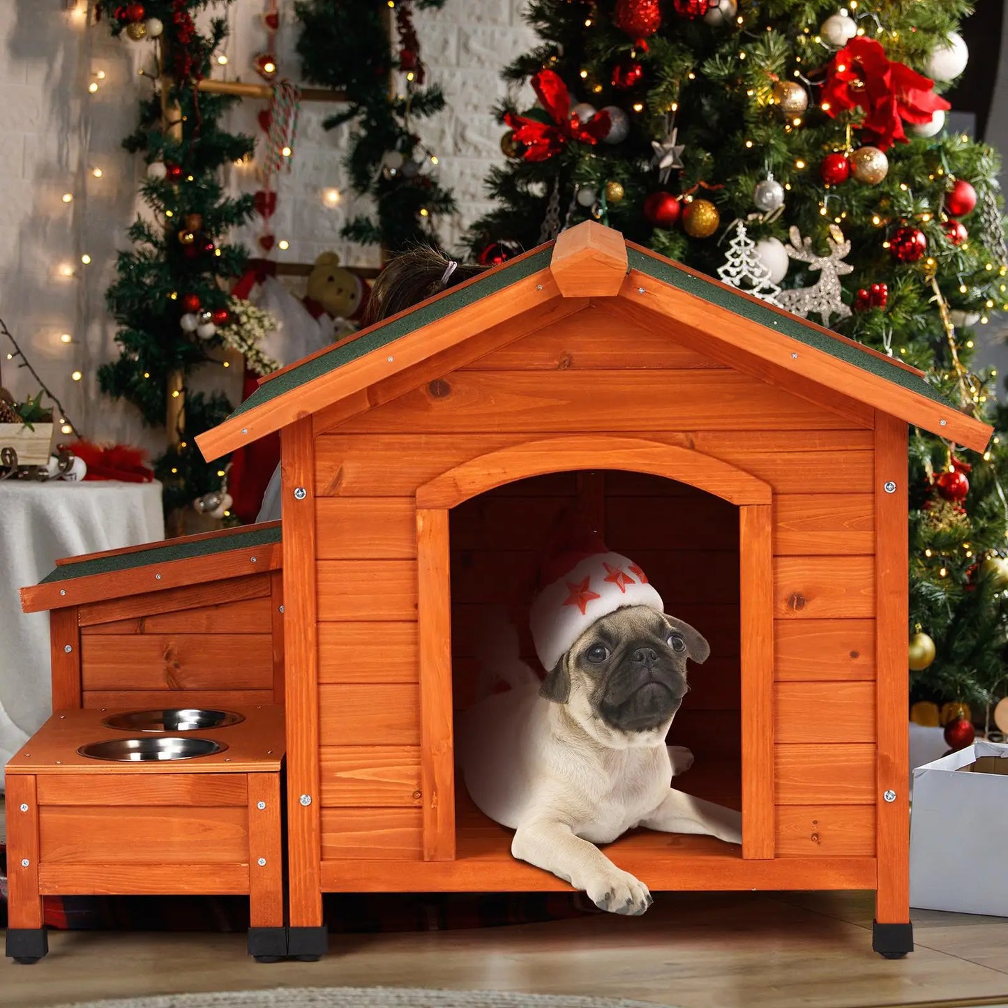 Wooden Dog House for Indoor & Outdoor Use - Includes Food Bowl & Storage Bucket