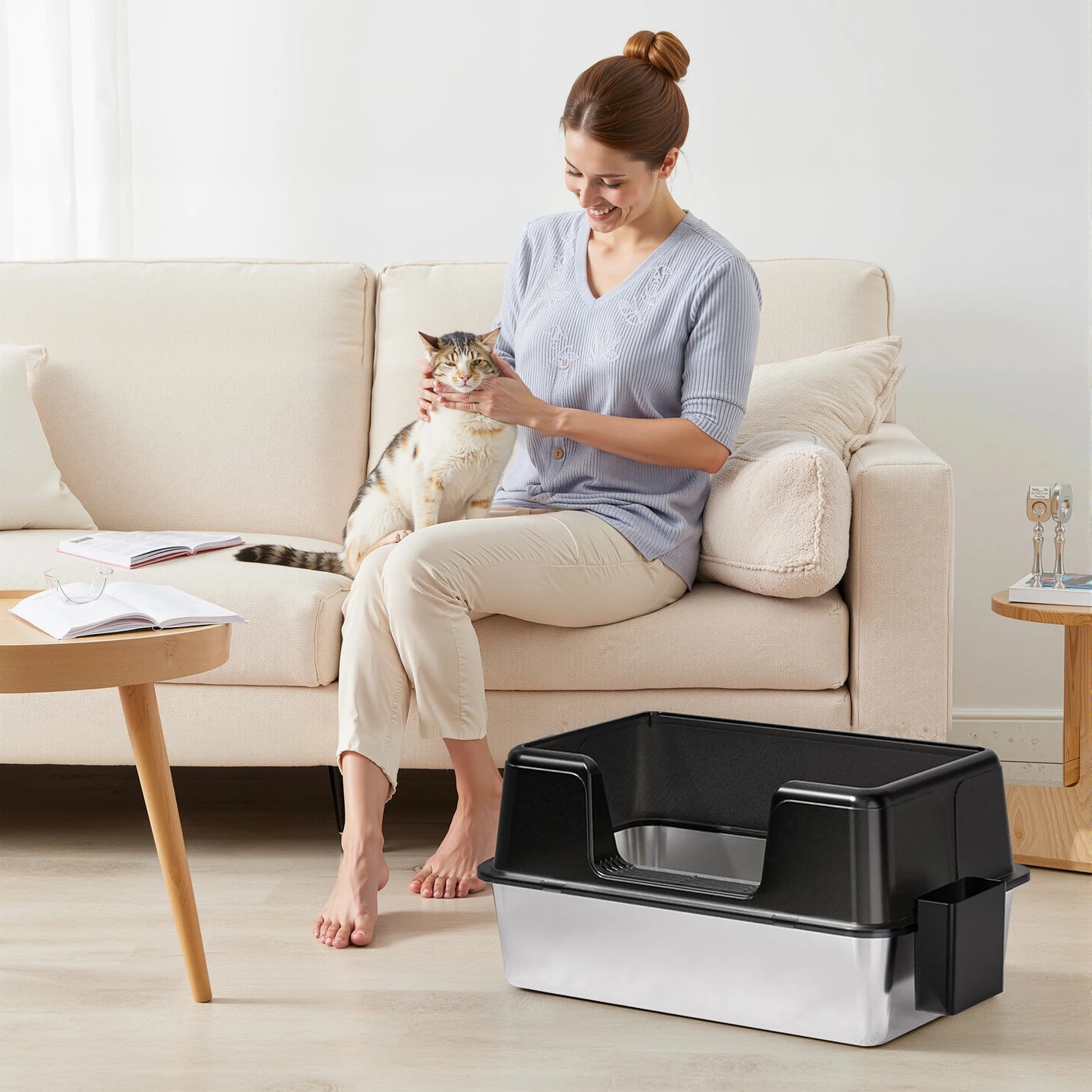 Stainless Steel Cat Litter Box With Litter Mat And Scoop