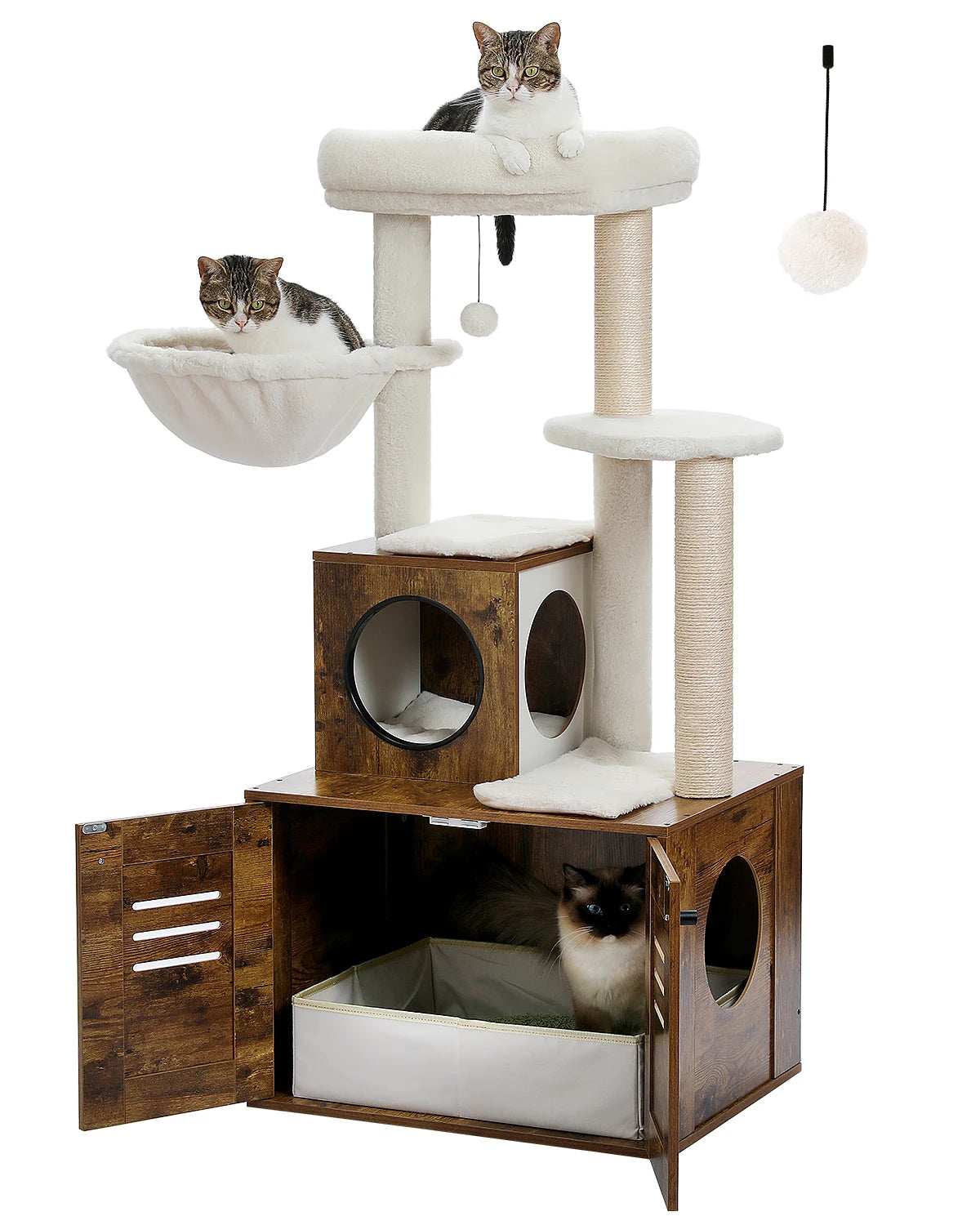 Solid Wood Cat Tree Condo, Litter Box Included