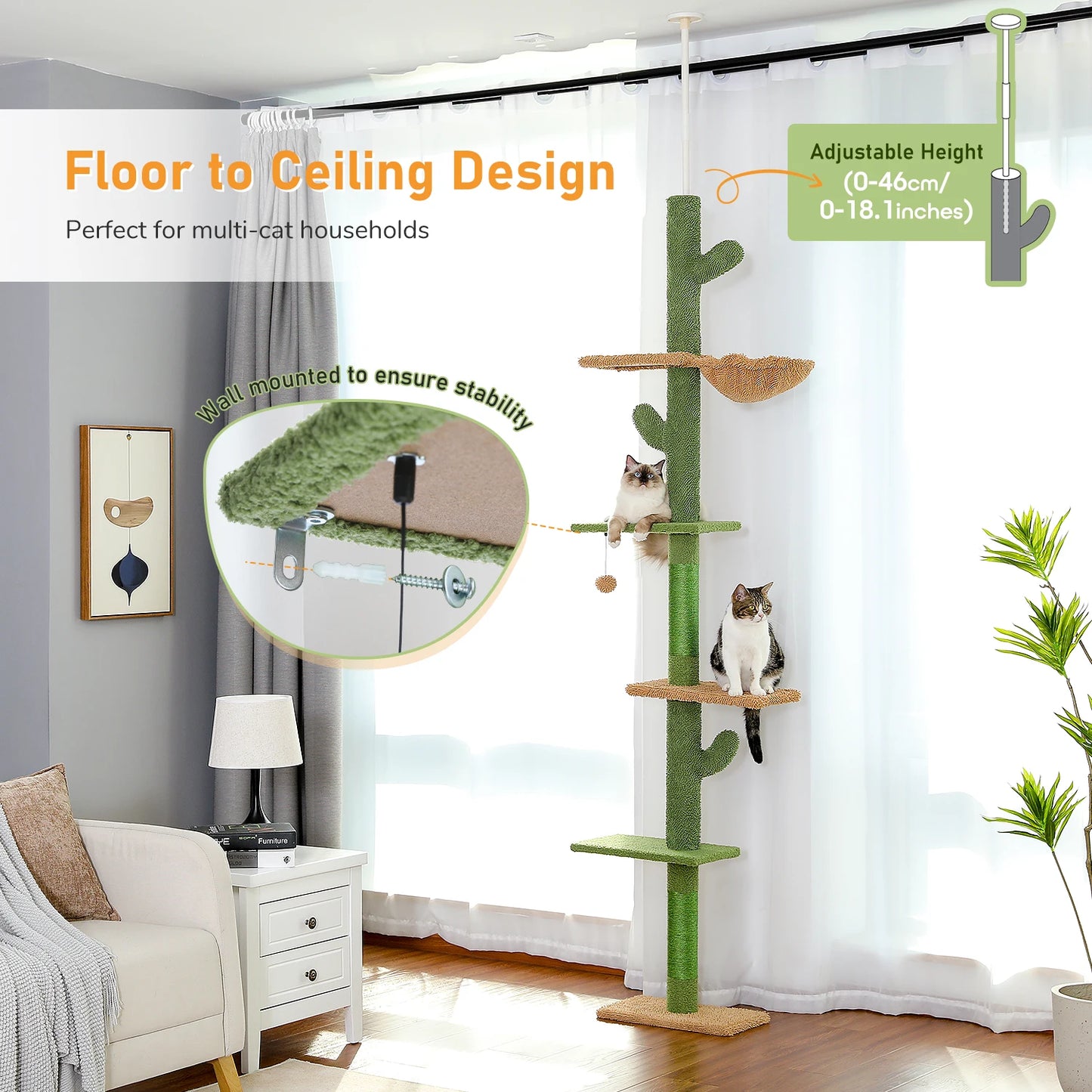 Cactus Cat Tree- Floor to Ceiling, Adjustable Height