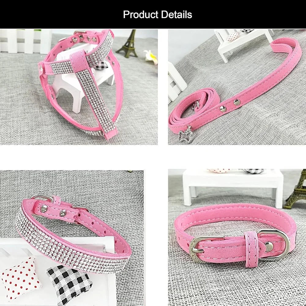 Stylish Diamante Dog Collar and Harness Set with Leash
