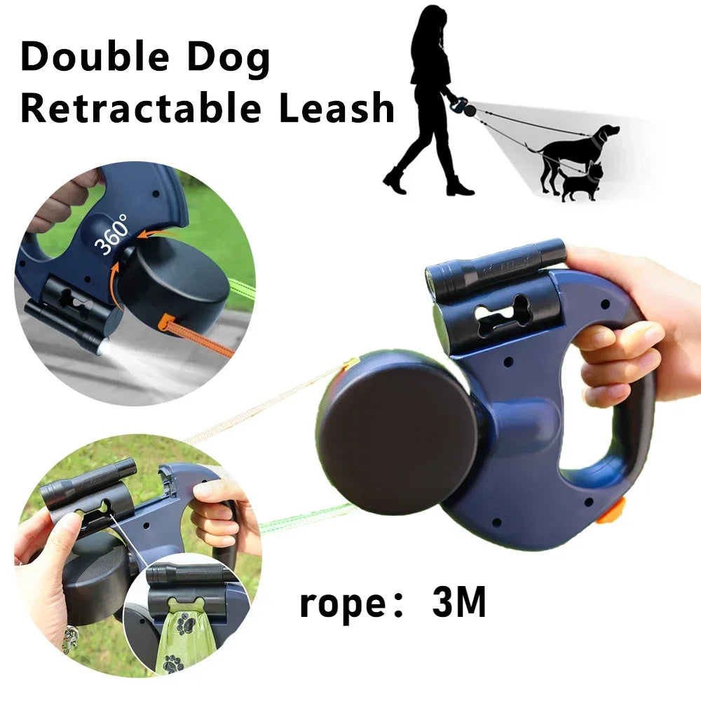 Retractable Dual Dog Leash with LED Light, 360 Swivel-No Tangle