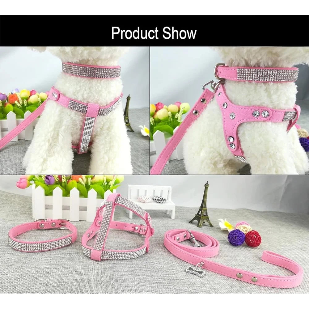 Stylish Diamante Dog Collar and Harness Set with Leash