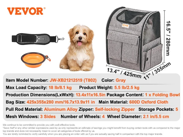 Pet Carrier Backpack with Telescopic Handle, Wheels and Shoulder Strap