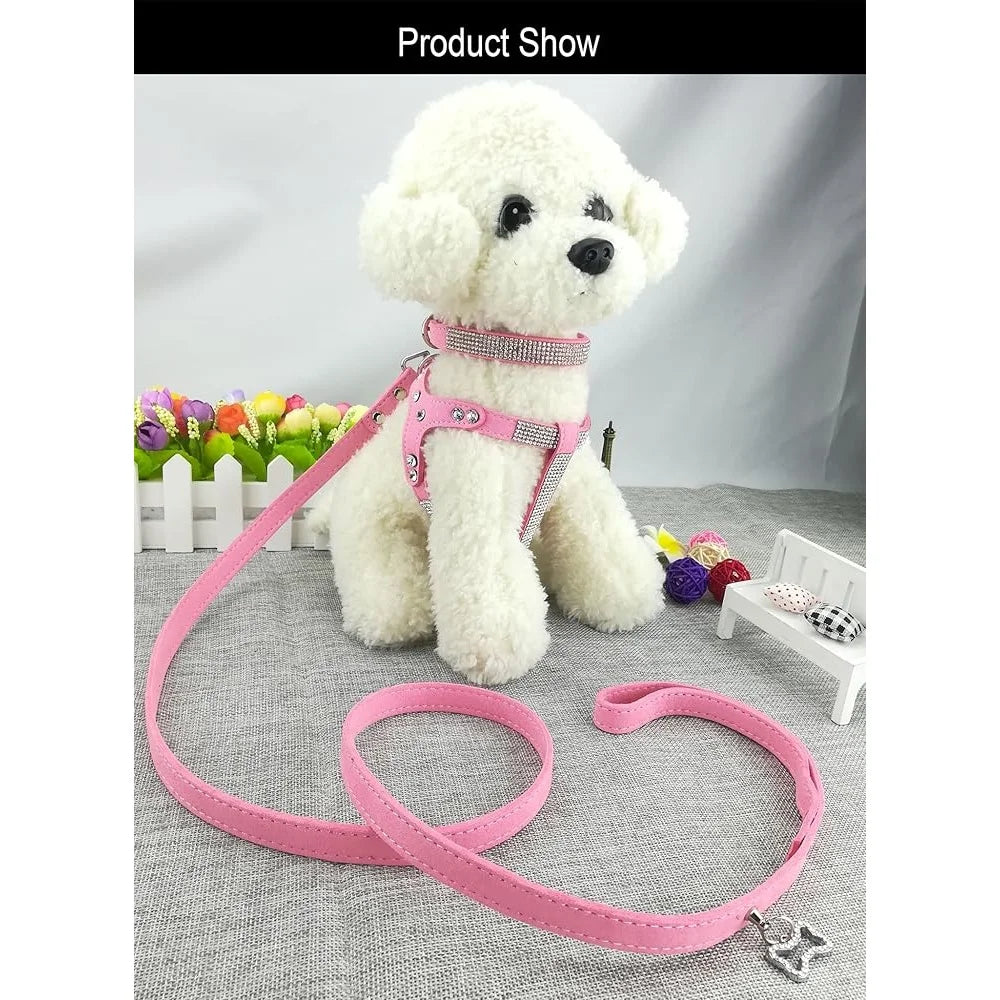 Stylish Diamante Dog Collar and Harness Set with Leash