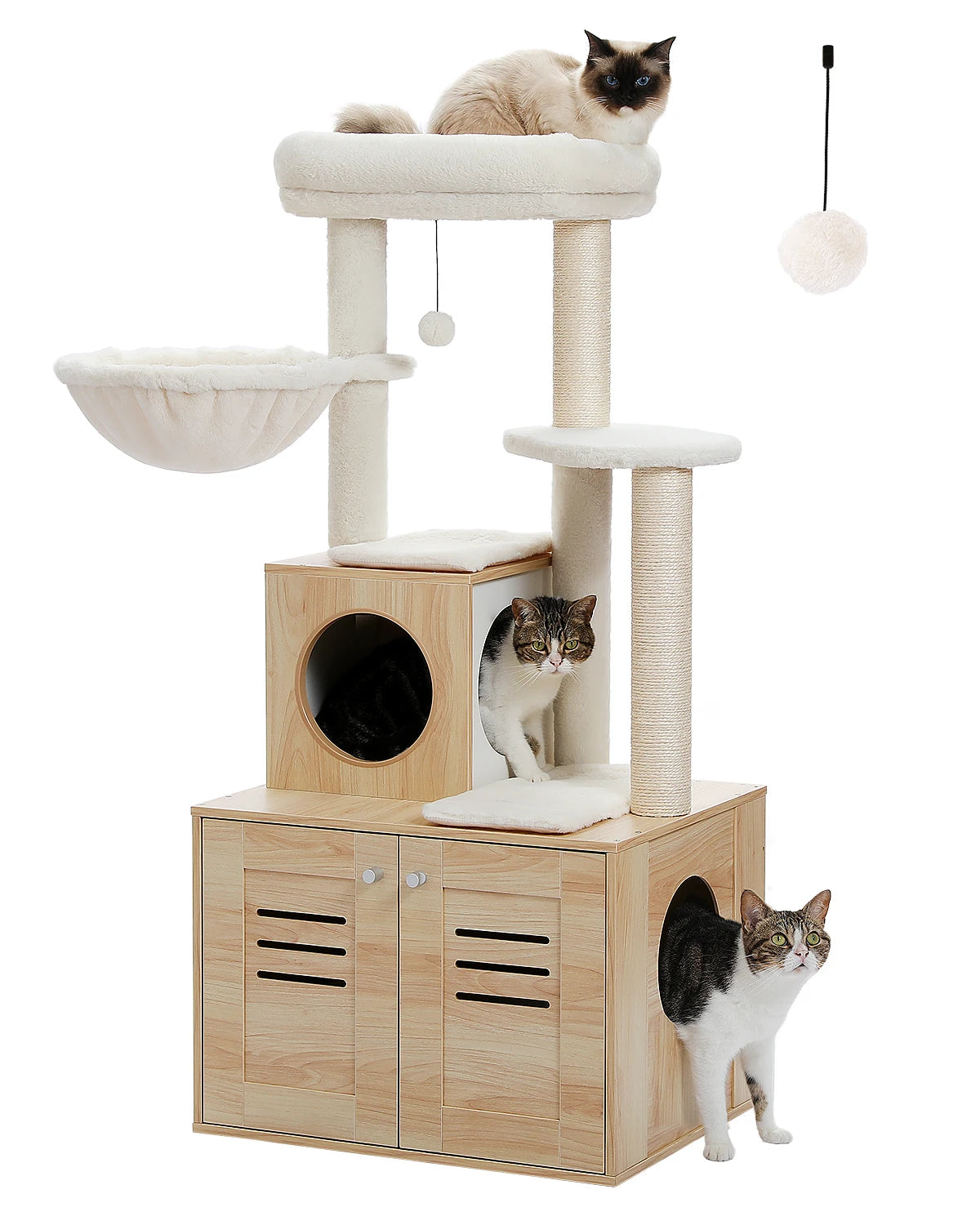 Solid Wood Cat Tree Condo, Litter Box Included