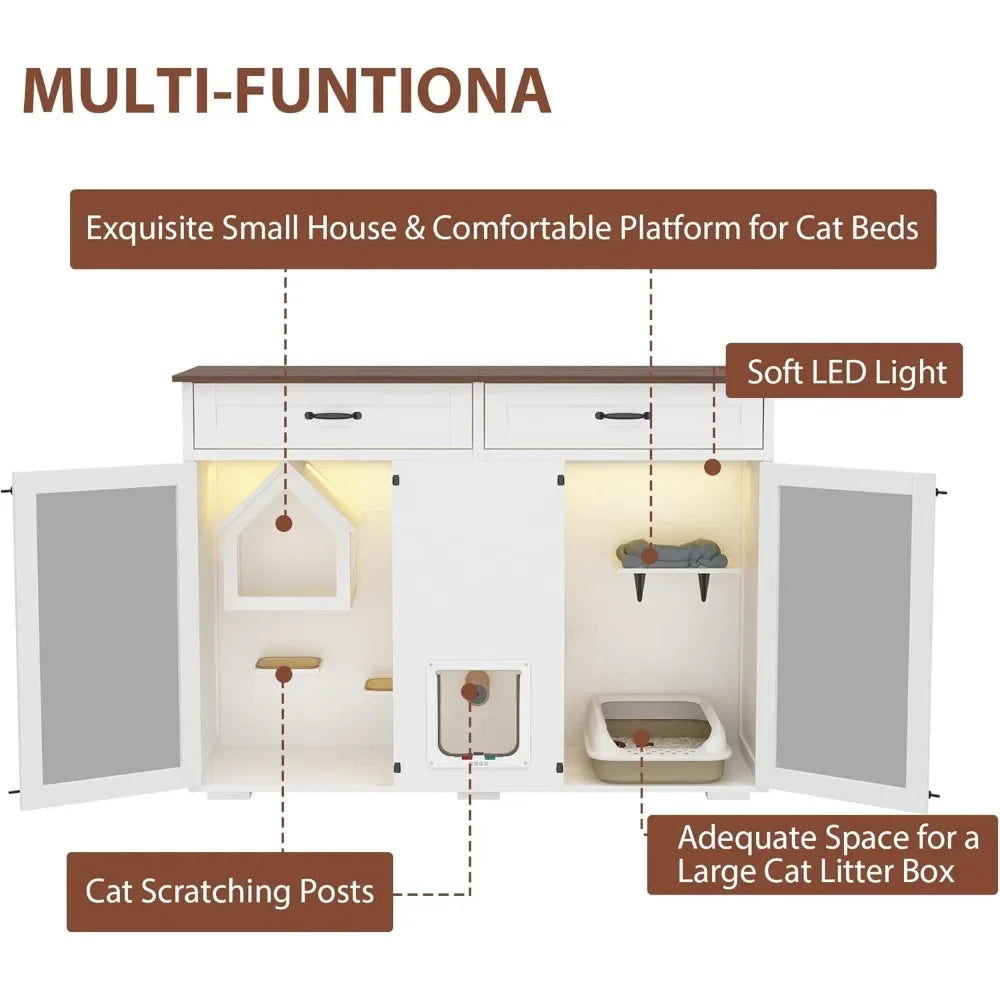 Cat Condo with Drawers, LED Light, Scratch Posts and Smart Door